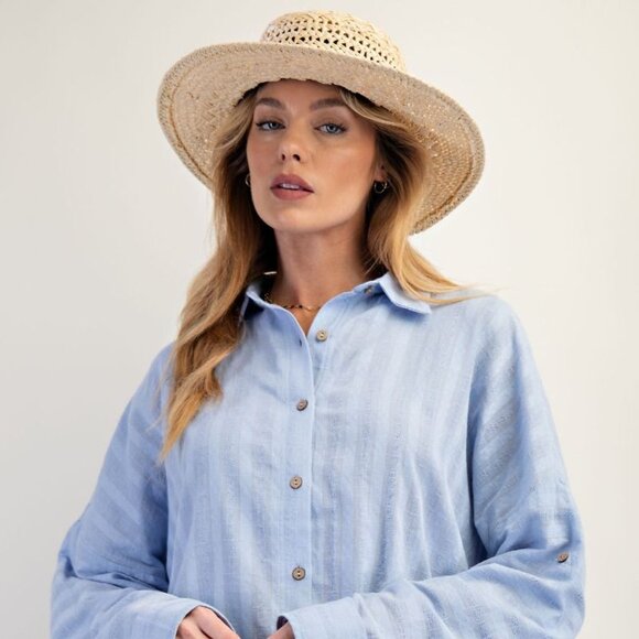 Curvy Size Wide Cuff Stripe Texture Cotton Button Down Top Periwinkle Blue - Picture 2 of 2